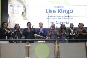 (b)               L – R: Olajobi Makinwa, Chief, Inter-governmental Relations and Africa, United Nations Global Compact (UNGC); Tinuade Awe, Executive Director, Regulation, The Nigerian Stock Exchange (NSE); Lise Kingo, Chief Executive Officer & Executive Director UNGC; Bola Adesola, Vice Chair, UNGC at the UNGC closing gong ceremony at the Exchange 