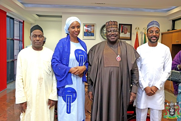 The MD NPA, Hadiza Bala Usman (2 nd from left), the Senate President of Nigeria, Sen, Ahmed Lawan (3 rd from left), the Executive Director, Engineering. & Tech Services, Prof. Idris Abubakar (left). The Executive Director Finance & Administration Mohammed Bello-Koko (right), during a courtesy visit to the Senate President in his office at the National Assembly Complex in Abuja.
