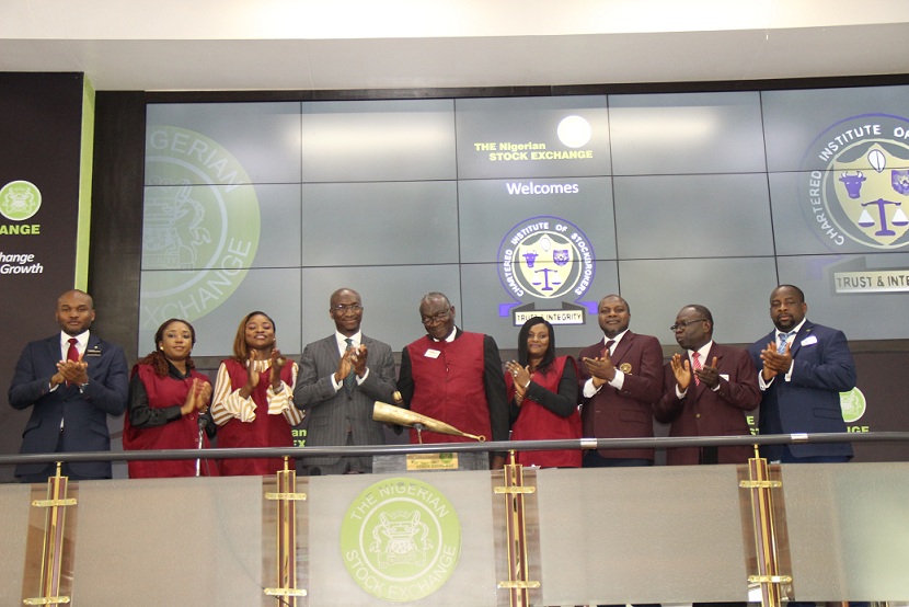  L – R shows Olumide Bolumole, Head, Listing Business Division, The Nigerian Stock Exchange (NSE); Oye Oyeniyi, Head, Membership Committee, Chartered Institute of Stockbrokers (CIS); Abiola Adekoya, Chairman Annual Conference Organizing Committee, CIS; Bola Adeeko, Head, Shared Services Division, NSE; Dapo Adekoje, President, CIS; Fiona Ahimie, Council Member, CIS; Tunde Amolegbe, 1st Vice President, CIS; Oluwole Adeosun, 2nd Vice President, CIS; and Olufemi Balogun, Head, Market Services, NSE during a Closing Gong Ceremony to commemorate CIS 2019 Annual Conference today in Lagos.