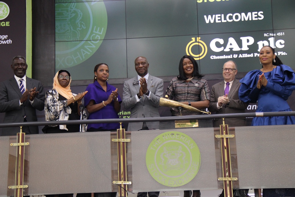 L – R shows Ambassador Kayode Garrick, Non-Executive Director, CAP Plc; Mrs. Muhibat Abbas, Non-Executive Director, CAP Plc; Mrs. Bolarin Okunowo, Non-Executive Director, CAP Plc; Mr. Oscar N. Onyema, OON, Chief Executive Officer, The Nigerian Stock Exchange (NSE); Mrs. Awuneba Ajumogobia, Chairperson, CAP Plc; Mr. David Wright, Managing Director, CAP Plc and Mrs. Udo Okonjo, Non-Executive Director, CAP Plc during a Closing Gong Ceremony to introduce their newly appointed Board Members and Executive Management to the capital market stakeholders at the Exchange today in Lagos.