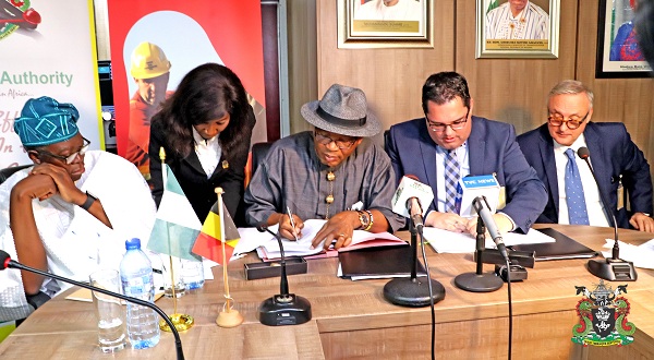 The Representative of the Managing Director and Executive Director, Marine and Operations, NPA, Dr. Sokonte Hutttin Davies (sitting 3rd from left), the Chief Executive Officer, Port of Antwerp Int’l APEC, Kristof Watersehoot (4th from left), the Chairman NPA Board, Emmanuel Adesoye (left), the Ambassador of Belgium, His Excellency, Daniel Dargent (right), and General Manager, Legal Services / Secretary to the NPA Board, Eniola Wiliams (2nd left) during the official signing of MOU between Nigeria and Belgium at the NPA Corporate Headquarters in Lagos.