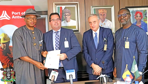 L-R: The Representative of the Managing Director and Executive Director, Marine and Operations, NPA, Dr. Sokonte Hutttin Davies, the Chief Executive Officer (CEO), Port of Antwerp Int’l APEC, Kristof Watersehoot, the Ambassador of Belgium, His Excellency, Daniel Dargent and the President Nigeria-Belgium Chamber of Commerce, Dr. Timi Austen-Peters during the official signing of MOU between Nigeria and Belgium at the NPA Corporate Headquarters in Lagos.