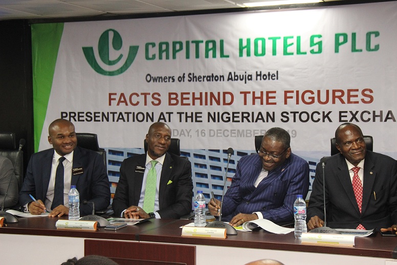 ( L - R)  Shows Mr. Olumide Bolumole, Head, Listing Business Division, The Nigerian Stock Exchange (NSE); Oscar N. Onyema, OON, Chief Executive Officer, NSE; Chief Anthony Idigbe, Chairman, Capital Hotel Plc; Mr. Alex Ugwuanyi, Company Secretary, Capital Hotel Plc during the Capital Hotel Plc Facts Behind the Figures presentation for capital market stakeholders at the Exchange today in Lagos.