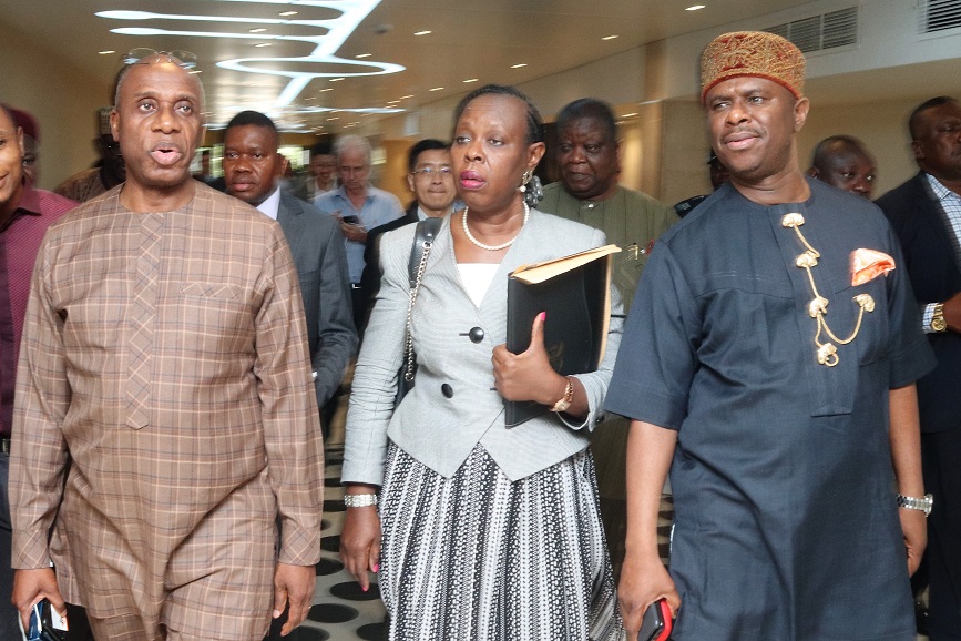 L-R: Minister of Transportation, Rt. Hon. Chibuike Rotimi Amaechi, President, WIMAFRICA, Mrs. Jean Anichere and Director-General, NIMASA, Dr. Dakuku Peterside, at the maritime stakeholders meeting on the guidelines for disbursement CVFF in Lagos on Thursday, January 23, 2020.