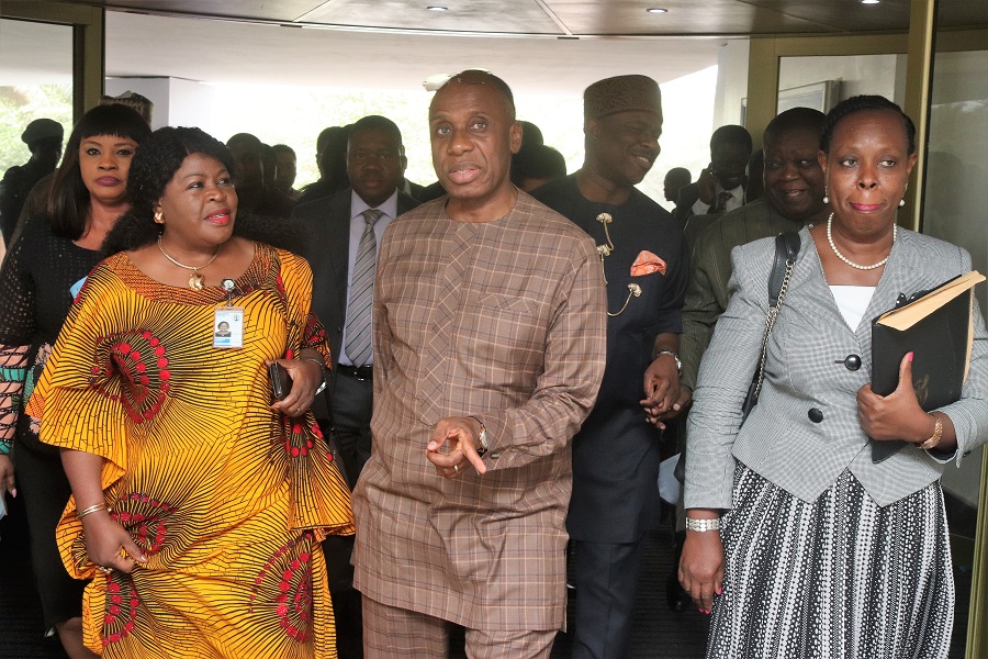 L-R: President, WISTA Nigeria, Mrs. Mary Hamman, Minister of Transportation, Rt. Hon. Chibuike Rotimi Amaechi, President, WIMAFRICA, Mrs. Jean Chiazor Anichere at the maritime stakeholders meeting on the guidelines for disbursement of the CVFF in Lagos on Thursday, January 23, 2020
