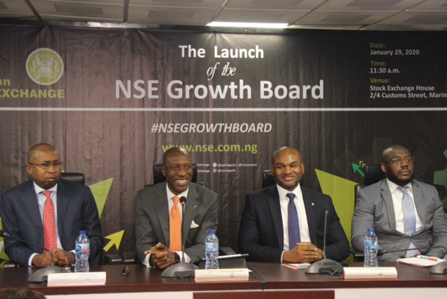  L – R shows Haruna Jalo-Waziri, Managing Director/CEO, Central Securities Clearing System (CSCS) Plc; Oscar N. Onyema, OON, Chief Executive Officer, The Nigerian Stock Exchange (NSE); Olumide Bolumole, Head, Listings Business Division, NSE; and Tony Ibeziako, Head, Primary Markets, NSE during the Launch of NSE Growth Board at The Exchange, Lagos.