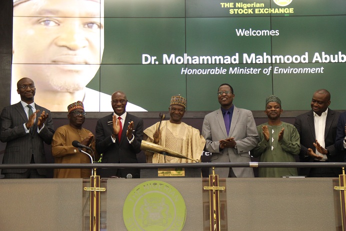 L – R shows Mr. Bola Adeeko, Head, Shared Services Division, The Nigerian Stock Exchange (NSE); Mr. Salisu Dahiru, Nigeria Erosion and Watershed Management Project (NEWMAP); Mr. Oscar N. Onyema, OON, Chief Executive Officer, NSE; Dr. Mohammad Mahmood Abubakar, Honourable Minister of Environment; Dr. Yerima Tarfa, Director, Department of Climate Change; Mr. Amos Abu - World Bank and Mr. Ikenna Chidi-Ebere, National Pension Commission (PenCom) during a courtesy visit to The Exchange today in Lagos.