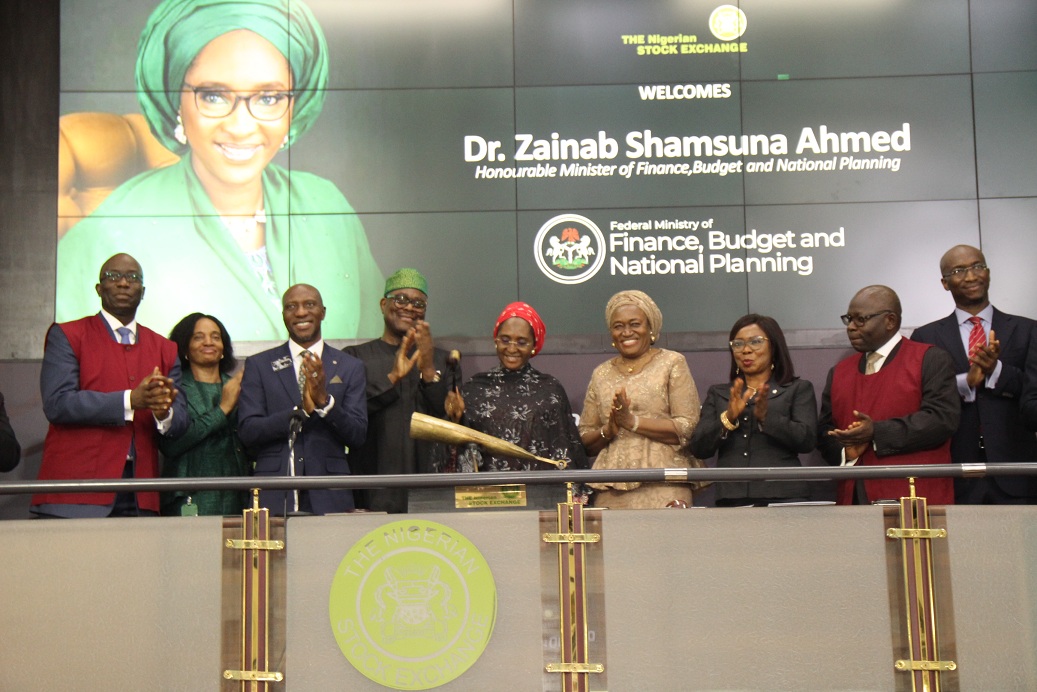  L – R shows Mr. Seyi Osunkeye, National Council Member, The Nigerian Stock Exchange (NSE); Mrs. Catherine Nwakaego Echeozo, Second Vice President, NSE; Mr. Oscar N. Onyema, OON, Chief Executive Officer, NSE;  Otunba Abimbola Ogunbanjo, President, National Council, NSE; Dr. Zainab Shamsuna Ahmed, Honourable Minister of Finance, Budget and National Planning; Dr. Sarah Alade, Special Adviser to the President on Finance and Economy; Ms. Mary Uduk, Acting Director General, Securities and Exchange Commission (SEC); Mr. Oluwole Ololade Adeosun, National Council Member, NSE; and Mr. Bola Adeeko, Head, Shared Services Division, NSE during the Closing Gong Ceremony to commemorate the visit of the Honourable Minister of Finance, Budget and National Planning to the Exchange today in Lagos.
