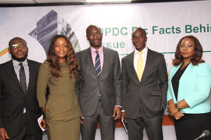 L – R (Pix 2) shows  Mr. Tony Ibeziako, Head, Primary Markets, The Nigerian Stock Exchange (NSE);  Mrs. Deborah Nicol-Omeruah, Deputy CEO, UACN Property Development Company (UPDC) Plc; Mr. Bola Adeeko, Head, Corporate Services Division, NSE; Mr. Fola Aiyesimoju, Chief Executive Officer, UPDC Plc and Mrs. Folakemi Fadahunsi, Chief Finance Officer, UPDC Plc  during the Facts Behind the Right Issue presentation at the Exchange today in Lagos