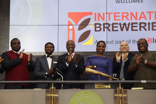 L – R shows Mr. Akeem Shadare, Managing Director, Chapel Hill Denham Securities Limited; Muyiwa Ayojimi, Company Secretary; Mr. Oscar N. Onyema, OON, Chief Executive Officer, The Nigerian Stock Exchange (NSE); Olutoyin Odulate, Independent Non-Executive Director, International Breweries Plc; Mr. Bruno Zambrano, Finance Director, International Breweries Plc and Otunba Michael Daramola, Corporate Affairs Director, International Breweries Plc during a Closing Gong Ceremony to commemorate the successful listing of the N165billion rights issue at the Exchange today in Lagos.