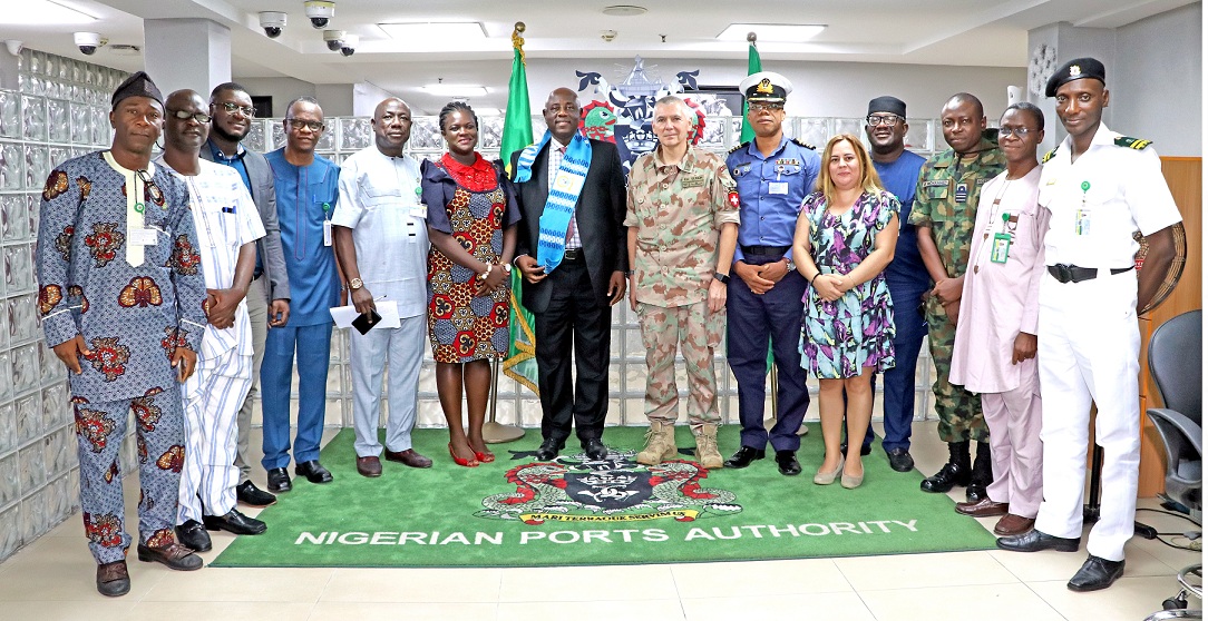 The representative of the Managing Director Nigerian Ports Authority (NPA), General Manager, Security, Olumide Omotoso (7th from left) and the Leader of Delegation, Research Team from the Kofi Anan International Peacekeeping Training Centre (KAIPTC), Ghana, Colonel Albert Ulrich (8th from left) alongside other dignitaries during the occasion.