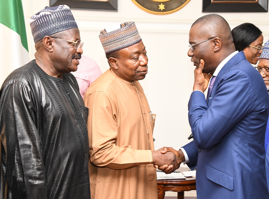 R-L: Lagos State Governor, Mr. Babajide Sanwo-Olu in a discussion with the Chairman, Senate Committee on Works, Senator Mohammad Aliero and Senator Danladi Sankara during a courtesy call by the Senate Committee at Lagos House, Alausa, Ikeja on Wednesday, February 12, 2020.
