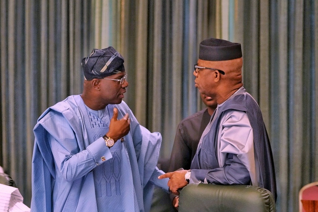 L-R: Lagos State Governor, Mr. Babajide Sanwo-Olu, in a discussion with his Ogun State counterpart, Prince Dapo Abiodun at the National Economic Council meeting, held at the Presidential Villa, Abuja on Thursday, February 27, 2020.