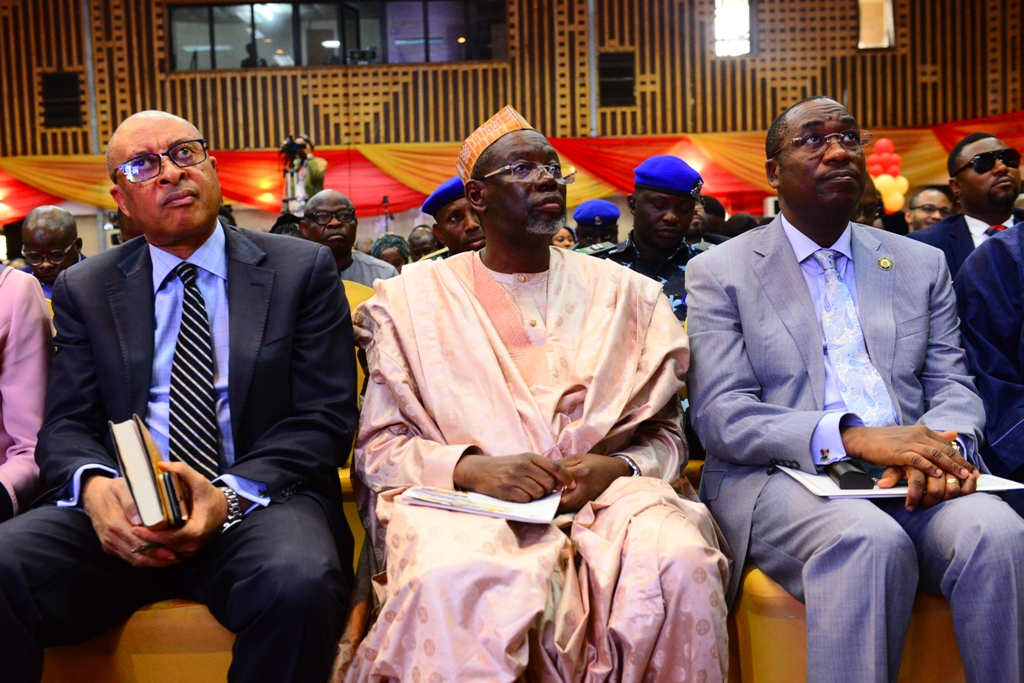 L-R: Founder, Centre for Values in Leadership (CVL), Professor Pat Utomi; Jigawa State Deputy Governor, Alhaji Umar Namadi and Lagos Deputy Governor, Dr. Obafemi Hamzat representing the Governor during CVL Annual Lecture and International Leadership symposium on Intra-African Trade, at the Shell Hall of Muson Centre, Onikan, on Thursday, February 6, 2020.