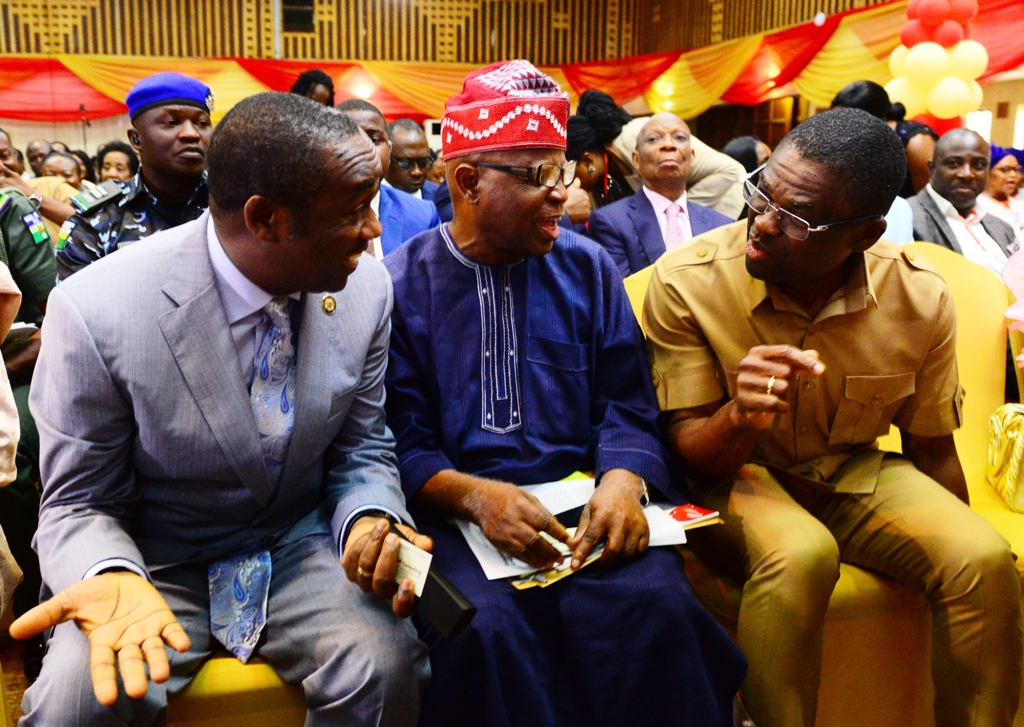 L-R: Lagos Deputy Governor, Dr. Obafemi Hamzat representing the Governor, with former CBN Governor, Chief Joseph Sanusi and Deputy Governor of Edo State, Mr. Philip Shuaibu during an Annual Lecture and International Leadership symposium on Intra-African Trade by the Centre for Values in Leadership (CVL), at the Shell Hall of Muson Centre, Onikan, on Thursday, February 6, 2020.