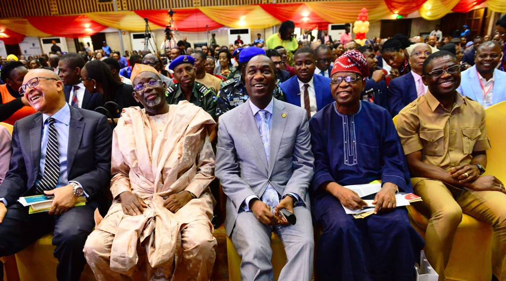 L-R: Founder, Centre for Values in Leadership (CVL), Professor Pat Utomi; Jigawa State Deputy Governor, Alhaji Umar Namadi; Lagos Deputy Governor, Dr. Obafemi Hamzat representing the Governor; former CBN Governor, Chief Joseph Sanusi and Deputy Governor of Edo State, Mr. Philip Shuaibu, during CVL Annual Lecture and International Leadership symposium on Intra-African Trade, at the Shell Hall of Muson Centre, Onikan, on Thursday, February 6, 2020.
