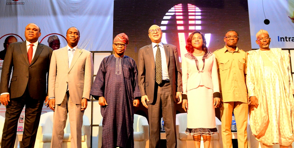 L-R: President, African Export-Import Bank, Prof. Benedict Okey Oramah; Lagos Deputy Governor, Dr. Obafemi Hamzat representing the Governor; former CBN Governor, Chief Joseph Sanusi; Founder, Centre for Values in Leadership (CVL), Professor Pat Utomi; his wife, Ifeoma; Deputy Governor of Edo State, Mr. Philip Shuaibu and Jigawa State Deputy Governor, Alhaji Umar Namadi, during CVL Annual Lecture and International Leadership symposium on Intra-African Trade, at the Shell Hall of Muson Centre, Onikan, on Thursday, February 6, 2020.