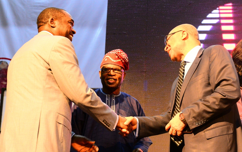 L-R: Lagos Deputy Governor, Dr. Obafemi Hamzat representing the Governor, with  former CBN Governor, Chief Joseph Sanusi and Founder, Centre for Values in Leadership (CVL), Professor Pat Utomi during CVL Annual Lecture and International Leadership symposium on Intra-African Trade, at the Shell Hall of Muson Centre, Onikan, on Thursday, February 6, 2020.