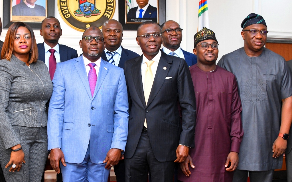 L-R: FIRS Board member South South, Ejile Aibangbee; Chairman, Federal Inland Revenue Service (FIRS), Mr. Muhammad Mamman Nami; Lagos State Governor, Mr. Babajide Sanwo-Olu; Commissioner for Finance, Dr. Rabiu Olowo; his counterpart for Economic Planning and Budget, Mr. Sam Egube; Chairman, Lagos Internal Revenue Service (LIRS), Mr. Ayodele Subair (right behind) and others, during the FIRS Chairman courtesy visit to the Governor at Lagos House, Alausa, Ikeja, on Tuesday, February 18, 2020.
