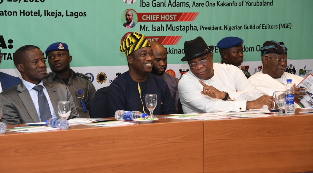 L-R: Ex-Minister of Police Affairs, Navy Captain Caleb Olubolade (Rtd); Deputy Governor of Lagos State and representative of the Governor, Dr. Obafemi Hamzat; representative of Minister of Transportation, Barr. Sam Nwakohu and former Deputy National Chairman of Peoples Democratic Party (PDP), Chief Bode George and during the Freedom Online 3rd Annual Lecture with the theme - Nigeria: Foundation, Fundamentals, Future, at the Sheraton Hotel, Ikeja, on Tuesday, February 25, 2020.