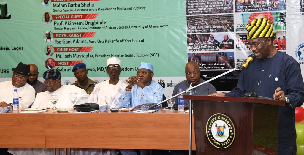 R-L: Deputy Governor of Lagos State and representative of the Governor, Dr. Obafemi Hamzat; President, Nigeria Guild of Editors (NGE), Mr. Isah Mustapha; Senior Special Assistant to the President on Media and Publicity, Mallam Garba Shehu; Akogun Adetola Adeniyi; former Deputy National Chairman of Peoples Democratic Party (PDP), Chief Bode George and representative of Minister of Transportation, Barr. Sam Nwakohu, during the Freedom Online 3rd Annual Lecture with the theme - Nigeria: Foundation, Fundamentals, Future, at the Sheraton Hotel, Ikeja, on Tuesday, February 25, 2020.