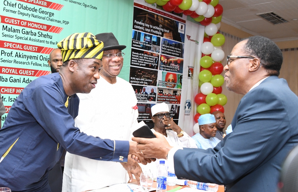 Deputy Governor of Lagos State and representative of the Governor, Dr. Obafemi Hamzat (left), exchanging pleasantries with former Governor of Ogun State, Otunba Gbenga Daniel (right) during the Freedom Online 3rd Annual Lecture with the theme - Nigeria: Foundation, Fundamentals, Future, at the Sheraton Hotel, Ikeja, on Tuesday, February 25, 2020. With them: Barr. Sam Nwakohu, representative of Minister of Transportation; Akogun Adetola Adeniyi; Mallam Garba Shehu, Senior Special Assistant to the President on Media and Publicity and Mr. Isah Mustapha, President, Nigeria Guild of Editors (NGE).