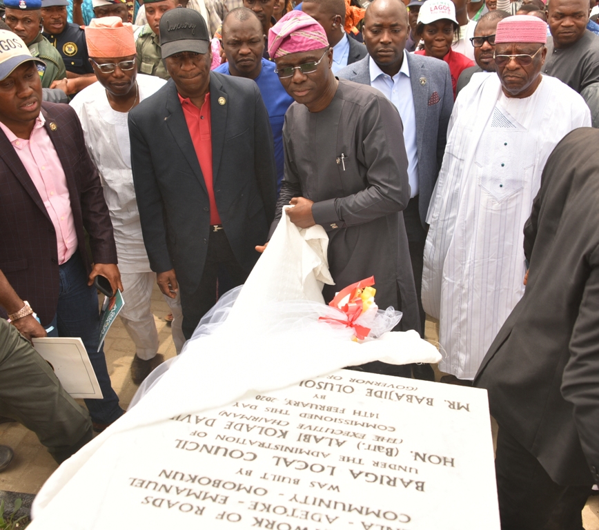 Commissioner for Local Government and Community Affairs, Dr. Wale Ahmed (left); Lagos State Deputy Governor, Dr. Obafemi Hamzat (second left); Governor Babajide Sanwo-Olu (second right) and Senator Anthony Adefuye during the commissioning of network of roads in Bariga, on Friday, February 14, 2020.