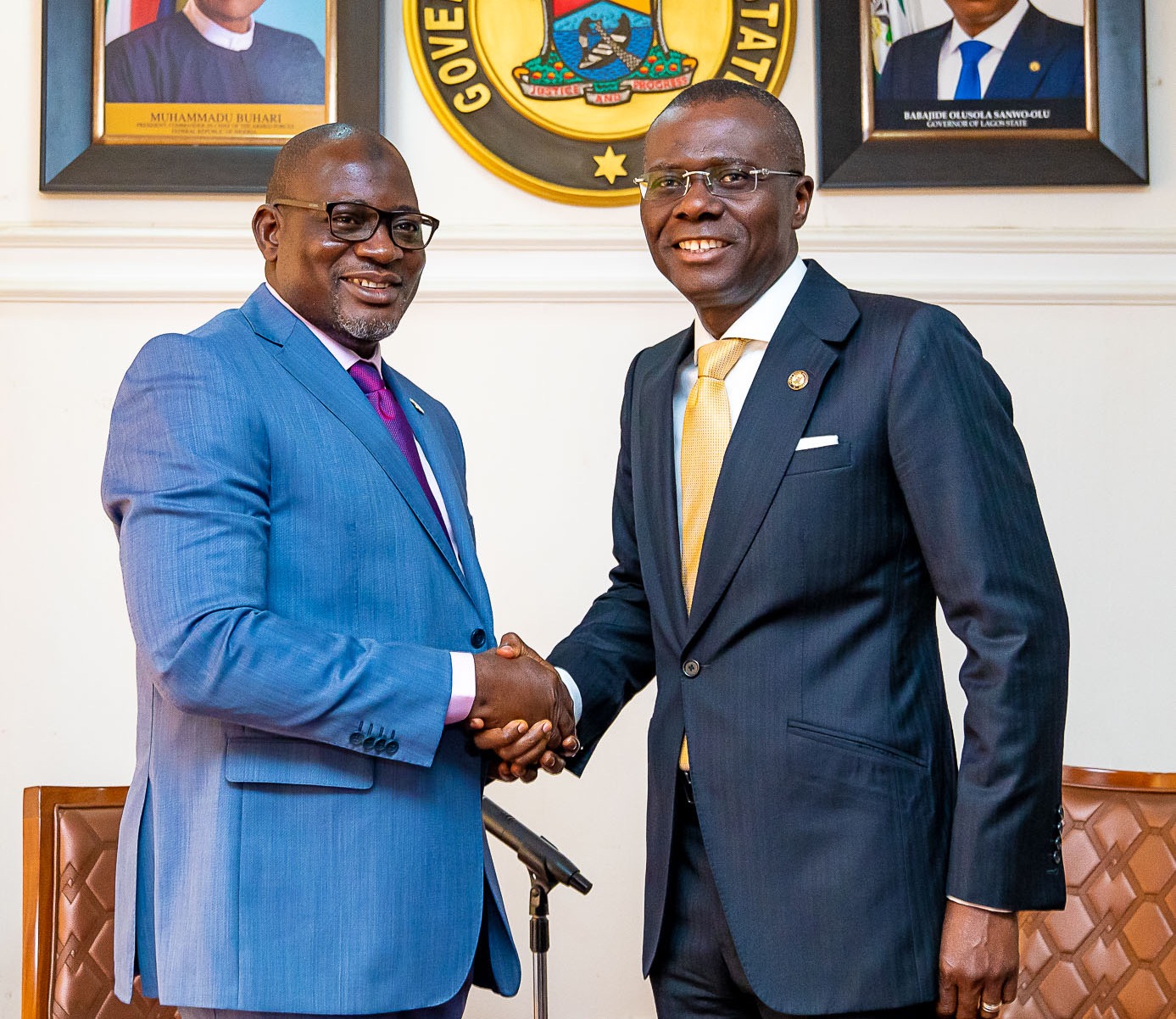 L-R: Chairman, Federal Inland Revenue Service (FIRS), Mr. Muhammad Mamman Nami, with Lagos State Governor, Mr. Babajide Sanwo-Olu during a courtesy visit to the Governor at Lagos House, Alausa, Ikeja, on Tuesday, February 18, 2020.