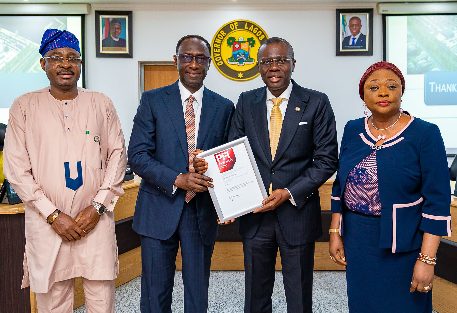 L-R: Special Adviser to the Governor on Commerce, Mr. Oladele Ajayi; Chairman, Lekki Port, Mr. Abiodun Dabiri; Lagos State Governor, Mr. Babajide Sanwo-Olu and Commissioner for Commerce, Industry and Cooperatives, Hon. (Mrs) Lola Akande, during the presentation of Project Finance International (PFI) Award of African Infrastructure Deal of the Year, won by Lekki Port, at Lagos House, Alausa, Ikeja, on Tuesday, February 18, 2020.