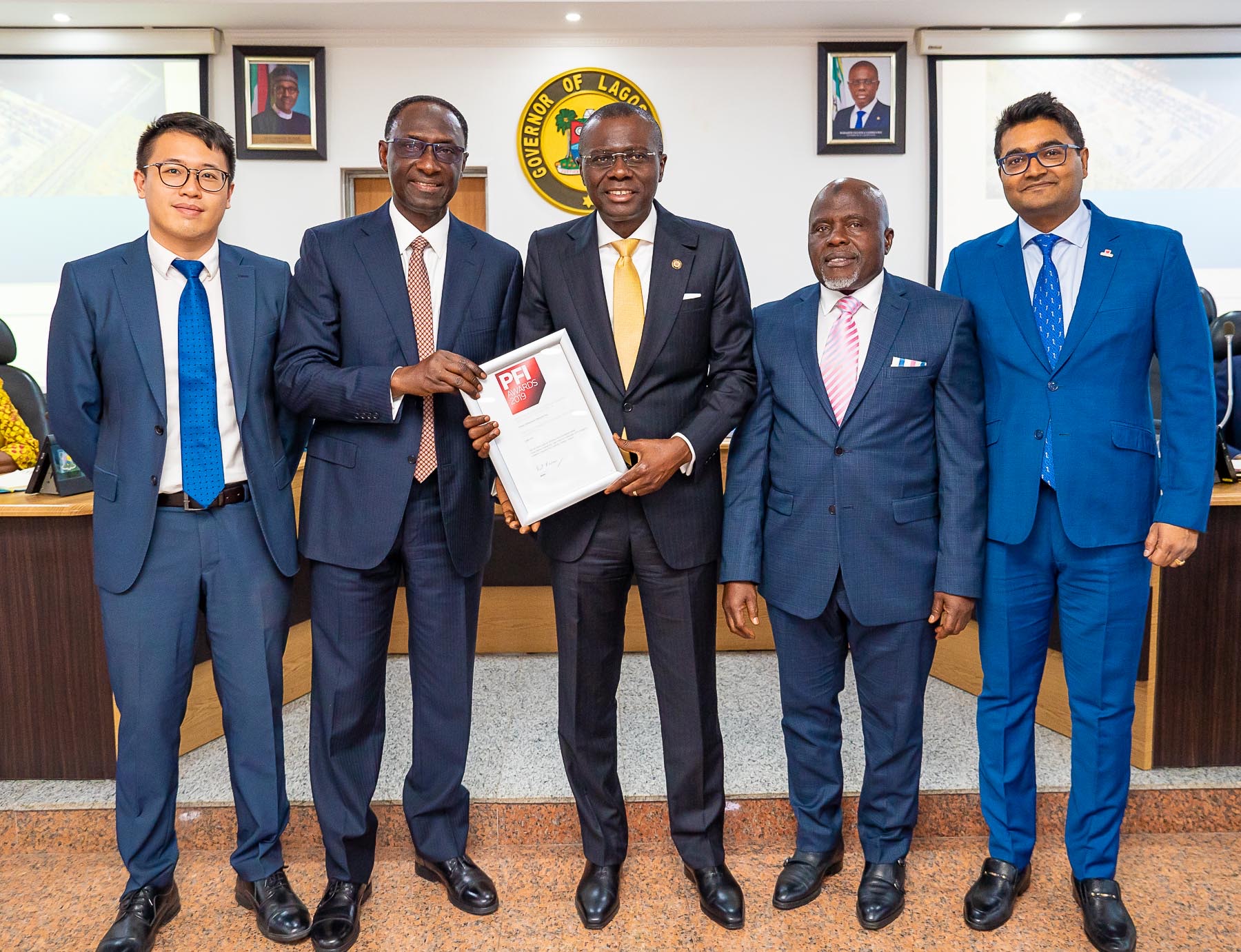  L-R: China Harbour Engineering Company, Mr. David Tianxiang; Chairman, Lekki Port, Mr. Abiodun Dabiri; Lagos State Governor, Mr. Babajide Sanwo-Olu; Director, Lekki Port, Alhaji Bode Oyedele and Tolaram Group, Mr. Dinesh Rathi during the presentation of Project Finance International (PFI) Award of African Infrastructure Deal of the Year, won by Lekki Port, at Lagos House, Alausa, Ikeja, on Tuesday, February 18, 2020.