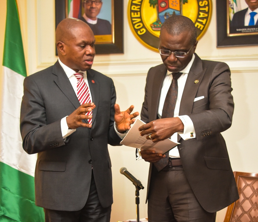 L-R: Lagos State Governor, Mr. Babajide Sanwo-Olu (right), with United Nations Industrial Development Organization (UNIDO) Representative to ECOWAS and Regional Director, Nigeria Regional Office Hub, Mr. Jean Bakole during a courtesy visit to the Governor at Lagos House, Alausa, Ikeja, on Monday, February 3, 2020.