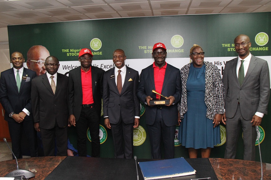 L – R shows Jude Chiemeka, Head, Trading Business Division, The Nigerian Stock Exchange (NSE); Oluwole Adeosun, Member, National Council, NSE; Rt. Hon Comrade Philip Shaibu, Deputy Governor, Edo State; Oscar N. Onyema, OON, Chief Executive Officer, NSE; His Excellency, Godwin Obaseki, Executive Governor, Edo State; Tinuade Awe, Executive Director, Regulation, NSE and Bola Adeeko, Head, Shared Services Division, NSE during a Closing Gong Ceremony at the Exchange today.