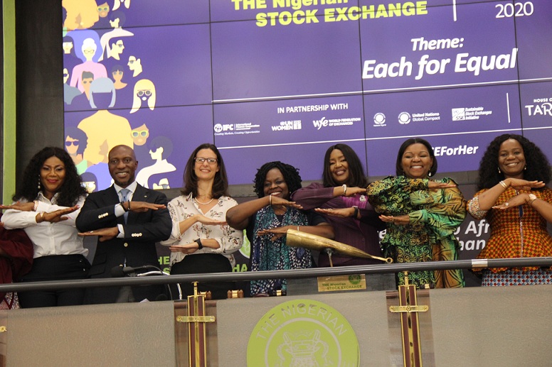 L – R shows Olamide Sanya-Olu, representing the First Lady of Lagos State, Dr. (Mrs.) Ibijoke Sanwo-Olu; Oscar N. Onyema, OON, Chief Executive Officer, The Nigerian Stock Exchange (NSE); Harriet Thompson, British Deputy High Commission Lagos; Eme Essien, Country Manager, International Finance Corporation (IFC); Awuneba Ajumogobia, Chairman, CAP Plc; Bola Adesola, Senior Vice-Chairman, Standard Chartered Bank Group and Uto Ukpanah, Company Secretary, MTN Nigeria Communications Plc during the Closing Gong Ceremony to Commemorate 2020 International Women’s Day Celebration at the Exchange today 