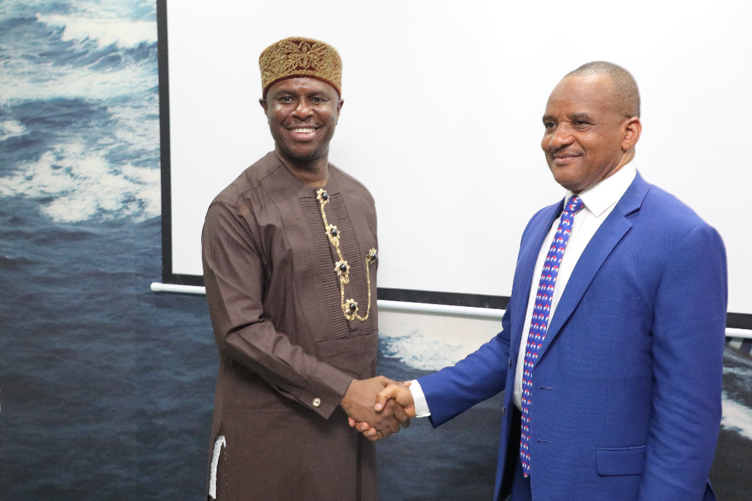 Outgoing Director General Dr Dakuku Peterside; [right] hands over to new Director General, NIMASA, Dr Bashir Jamoh, while the new Board Chairman, Chief Okorie Asita cheers on during the official handing over ceremony in Lagos, March 10, 2020