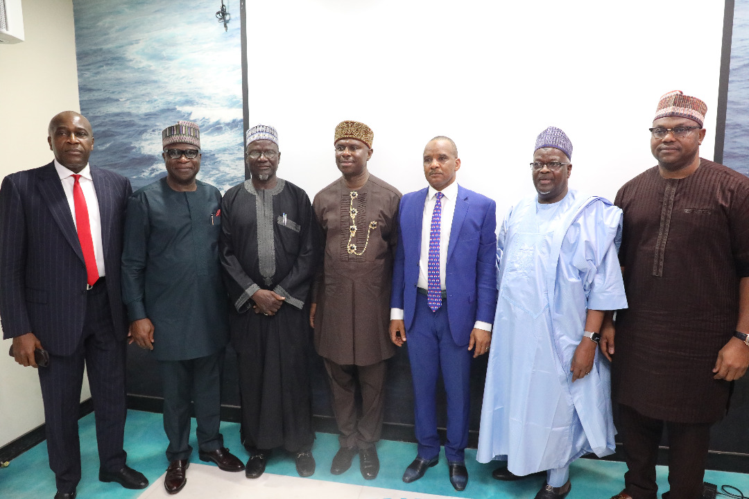 L-R: Hon. Chudi Offodile, new Executive Director, Finance and Administration; Shehu Ahmed, new Executive Director, Operations; new Board Chairman, Chief Okorie Asita; new Director General, NIMASA, Dr Bashir Jamoh; with Hon. Engr Victor Onyekachi Ochei, new Executive Director, Cabortage Services; during the official handing over ceremony in Lagos, March 10, 2020