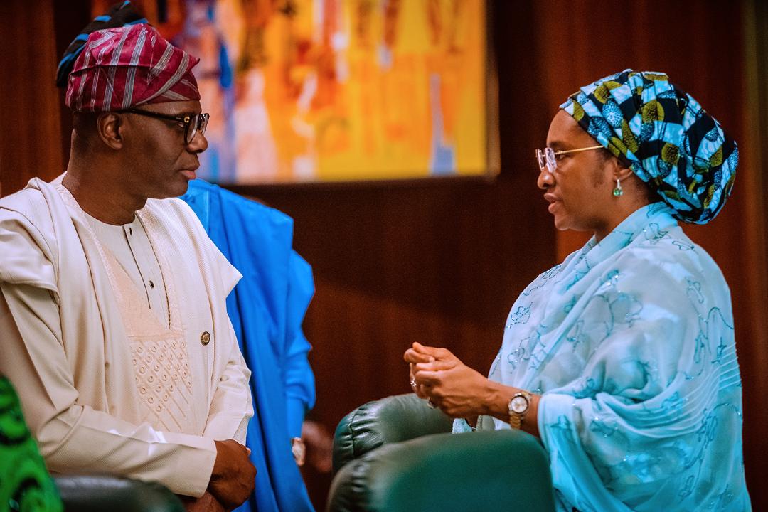 Lagos State Governor, Mr. Babajide Sanwo-Olu (left), with the Finance Minister, Zainab Ahmed during the National Economic Council meeting at the Council Chamber, Aso Villa, Abuja on Thursday, March 19, 2020.