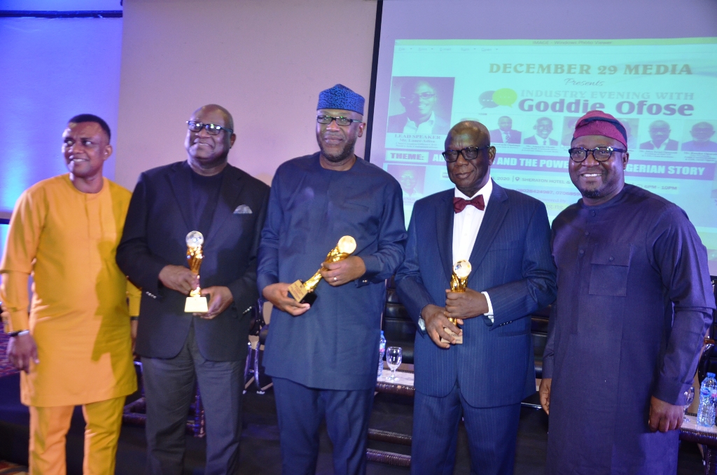L-R: Converner, Integrated Marketing Communication (IMC) Industry Evening, Mr. Goddie Ofose; Group Managing Director of SO&U, Mr. Udeme Ufot; Group CEO, Prima Garnet Africa, Mr. Lolu Akinwunmi; Mr. Nduka Maduegbuna and Chief Press Secretary to the Lagos State Governor, Mr. Gboyega Akosile, during the presentation of lifetime achievement awards at the (IMC) Industry Evening with Goddie Ofose themed: ‘‘Advertising and the Power of the Nigerian Story’’ at Sheraton Hotel and Towers, Ikeja, recently. 