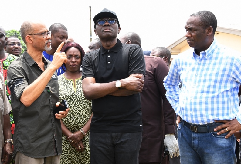 L-R: Lagos Commissioner for Health, Prof. Akin Abayomi; Senior Special Assistant to Governor on Health, Dr. Oreoluwa Finnih; Governor Babajide Sanwo-Olu and his deputy, Dr. Obafemi Hamzat, during an inspection visit to the Emergency Operations Centre and Biosecurity Unit at Mainland Infectious Disease Hospital Yaba, on Sunday, March 1, 2020.
