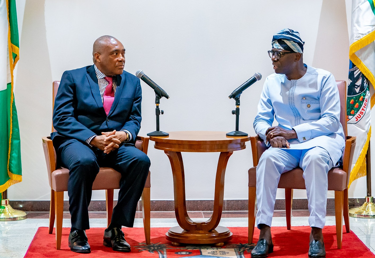 R-L: Lagos State Governor, Mr. Babajide Sanwo-Olu, making his remark during a courtesy visit by the Executive management of Dangote Cement Plc, led by the Independent Non-Executive Director, Mr. Emmanuel Ikazoboh, at Lagos House, Marina, on Wednesday, March 18, 2020.