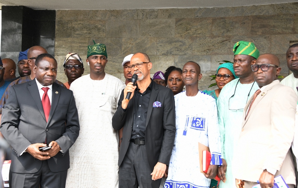 L-R: Lagos Commissioner for Information and Strategy, Mr. Gbenga Omotoso; Chairman, Oshodi-Isolo Local Government, Mr. Bolaji Ariyo; Commissioner for Health, Prof. Akin Abayomi; Chairman, Lagos Island East LCDA, Comrade Kamal Salau-Bashua; Chairman, Odiolowo/Ojuwoye LCDA, Mr. Rasak Ajala and Permanent Secretary, Ministry of Information and Strategy, Mr. Sina Thorpe during a briefing after an advocacy meeting with the Governor on Coronavirus sensitisation at Lagos House, Alausa, on Monday, March 2, 2020.