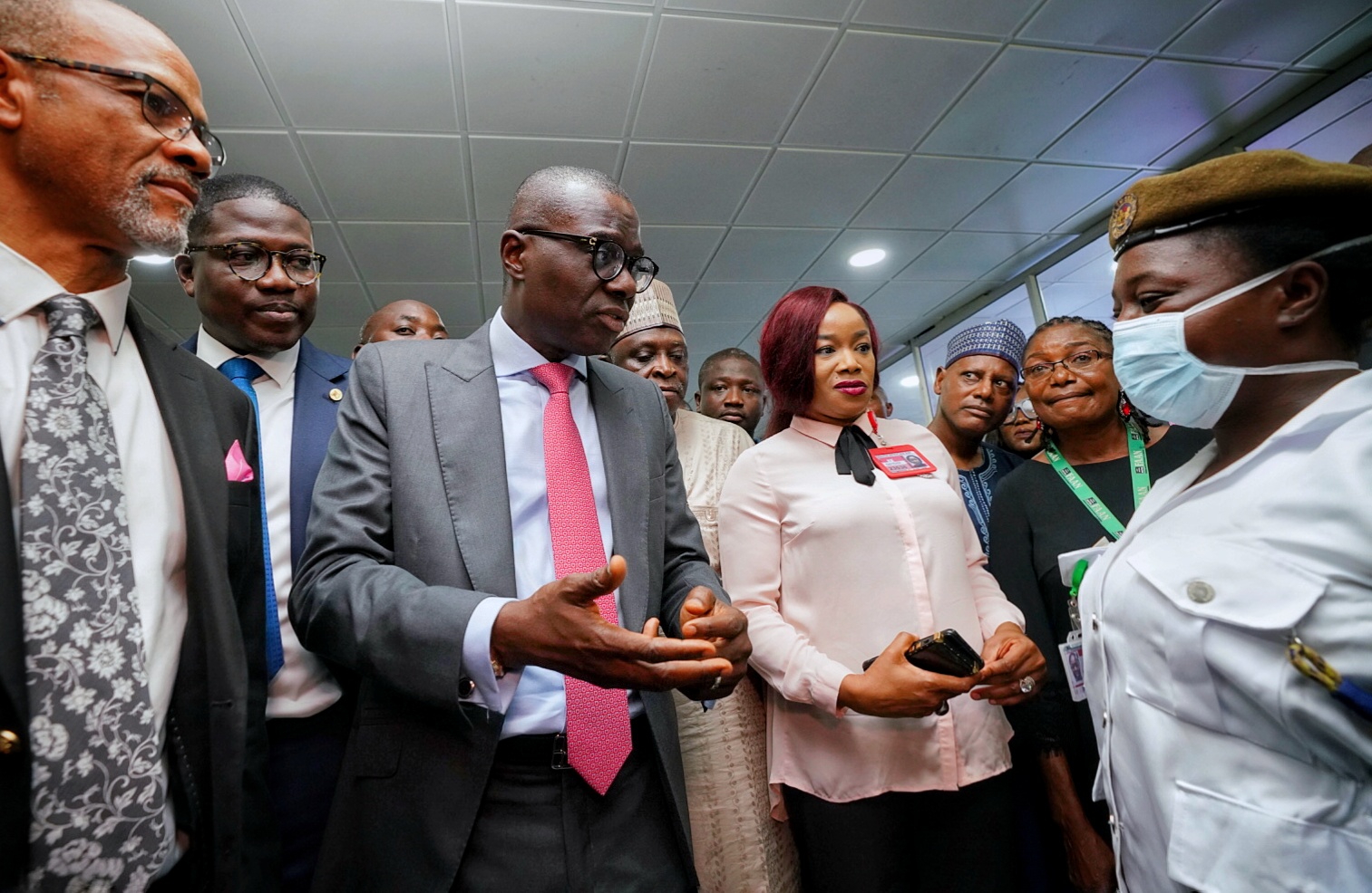 L-R: Lagos Commissioner for Health, Prof. Akin Abayomi; Head of Service, Mr. Hakeem Muri-Okunola; Governor Babajide Sanwo-Olu; Director of Airport Operations, FAAN; Capt. Murktar Muye; Station Manager, South Africa Embassy; Mrs. Joy Onyeadi and others, during an on-the-spot assessment of Coronavirus screening procedure at the Murtala Muhammed International Airport, Lagos, on Tuesday, March 17, 2020.