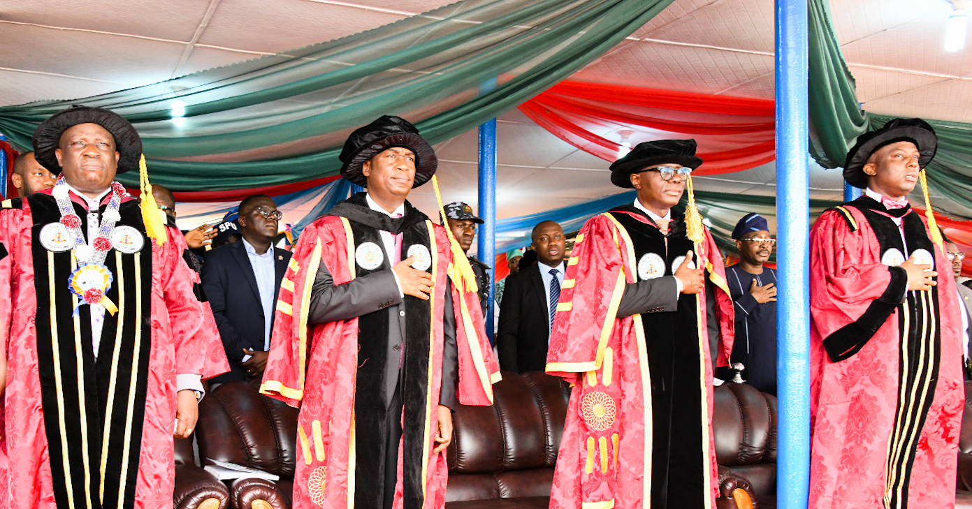 L-R: Rector, Lagos State Polytechnic, Mr. Samuel Sogunro; Lagos State Deputy Governor, Dr. Obafemi Hamzat; Governor Babajide Sanwo-Olu and Special Adviser to the Governor on Education, Mr. Tokunbo Wahab during the 27th Convocation and Award Ceremony of Lagos State Polytechnic at the Convocation Ground, Ikorodu Campus, Lagos, on Thursday, March 12, 2020.