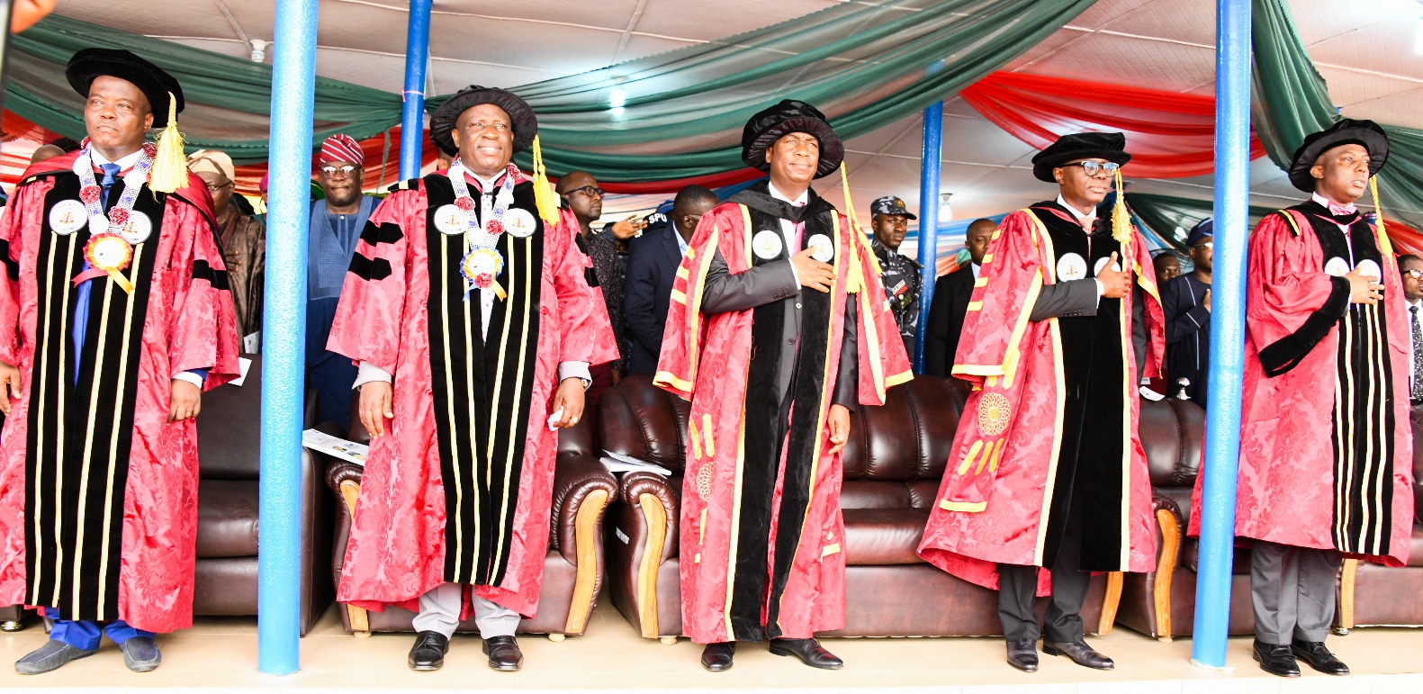 L-R: Registrar, Lagos State Polytechnic, Mr. Shakirudeen Bello; Rector, Mr. Samuel Sogunro; Lagos State Deputy Governor, Dr. Obafemi Hamzat; Governor Babajide Sanwo-Olu and Special Adviser to the Governor on Education, Mr. Tokunbo Wahab during the 27th Convocation and Award Ceremony of Lagos State Polytechnic at the Convocation Ground, Ikorodu Campus, Lagos, on Thursday, March 12, 2020.