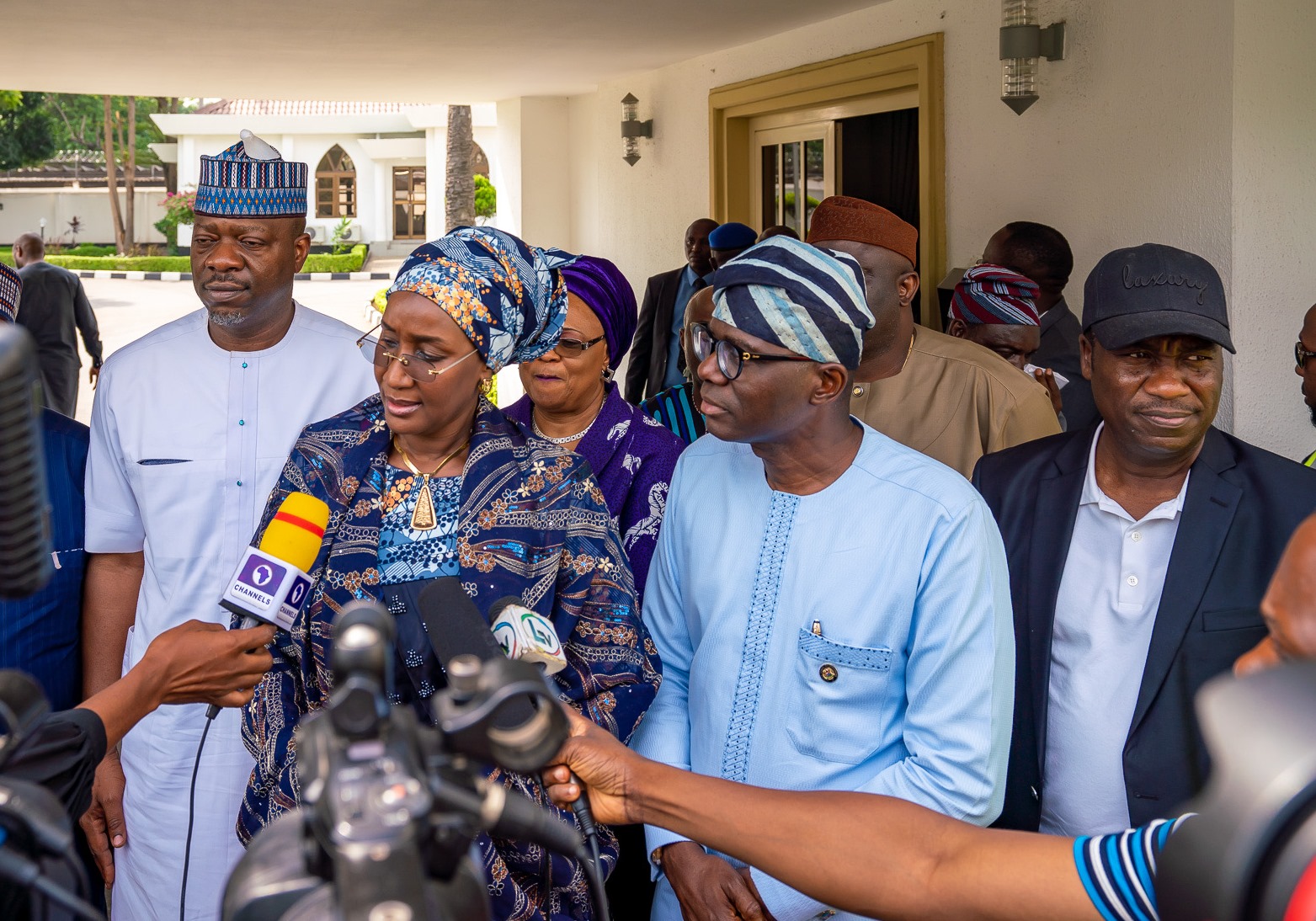 L-R: Chairman, House Committee on Emergency and Disaster, Hon. Tunji Olawuyi; Minister of Humanitarian Affairs, Disaster Management and Social Development, Hajiya Sadiya Umar Farouq; Lagos State Governor, Mr. Babajide Sanwo-Olu and his deputy, Dr. Obafemi Hamzat briefing journalists during a commiseration visit over the recent Abule-AdoSoba explosions at Lagos House, Marina, on Wednesday, March 18, 2020.