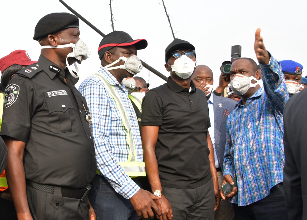 L-R: Commissioner of Police, Lagos Command, Mr. Hakeem Odumosu; Commissioner for Special Duties and Inter-governmental Relations, Engr. Tayo Bamgbose-Martins; Lagos State Governor, Mr. Babajide Sanwo-Olu and Deputy Governor, Dr. Obafemi Hamzat during the Governor’s visit to the scene of Abule Ado fire explosion on Monday, March 16, 2020.