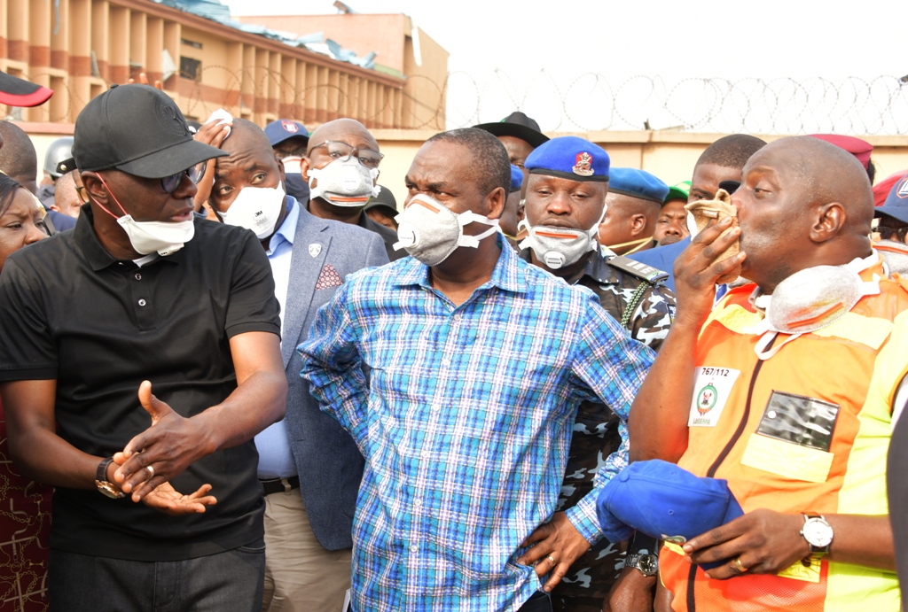 L-R: Lagos State Governor, Mr. Babajide Sanwo-Olu; Deputy Governor, Dr. Obafemi Hamzat and Director General, Lagos State Emergency Management Authority (LASEMA), Dr. Femi Osanyintolu during the Governor’s visit to the scene of Abule Ado fire explosion on Monday, March 16, 2020.