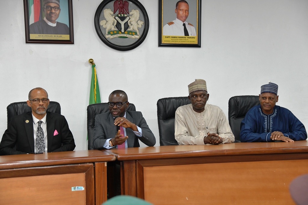 L-R: Lagos Commissioner for Health, Prof. Akin Abayomi; Lagos State Governor, Mr. Babajide Sanwo-Olu; Director of Airport Operations, FAAN; Capt. Murktar Muye and Director Business & Commercial Development, FAAN; Mr. Rafindadi Sadiku during an on-the-spot assessment of Coronavirus screening procedure at the Murtala Muhammed International Airport, Lagos, on Tuesday, March 17, 2020.