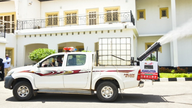 Motorized Modular Fumigator donated to the Lagos State Government by the Ooni of Ife, Oba Adeyeye Enitan Ogunwusi, Ojaja II, to fight against the COVID-19 pandemic, at Lagos House, Marina, on Tuesday, April 28, 2020.