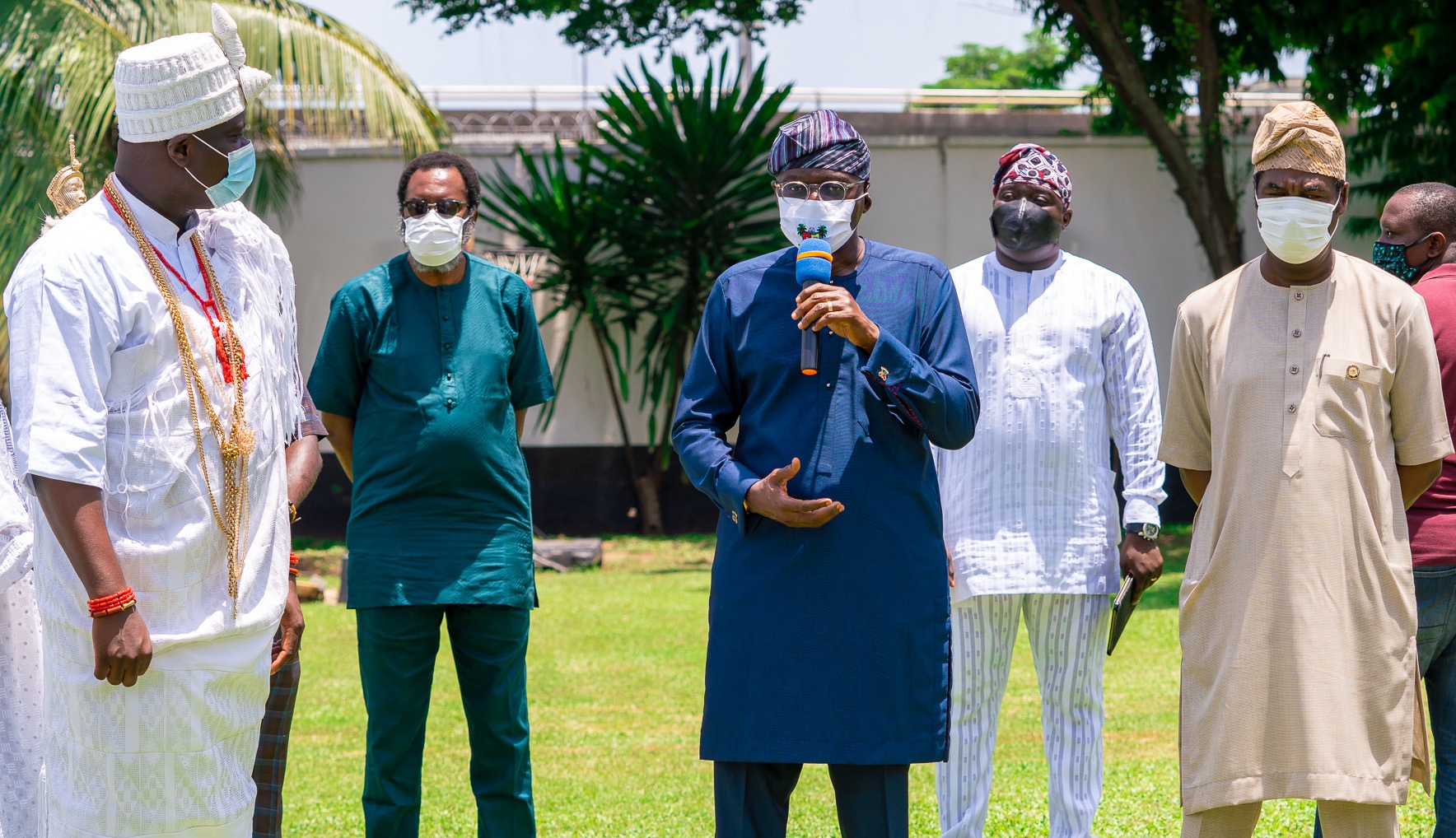 L-R: Ooni of Ife, Oba Adeyeye Enitan Ogunwusi, Ojaja II; Lagos State Governor, Mr. Babajide Sanwo-Olu and the Deputy Governor, Dr. Obafemi Hamzat during the donation of Motorized Modular Fumigators to the Lagos State Government by the Ooni of Ife, to fight against the COVID-19 pandemic in the State, at Lagos House, Marina, on Tuesday, April 28, 2020.