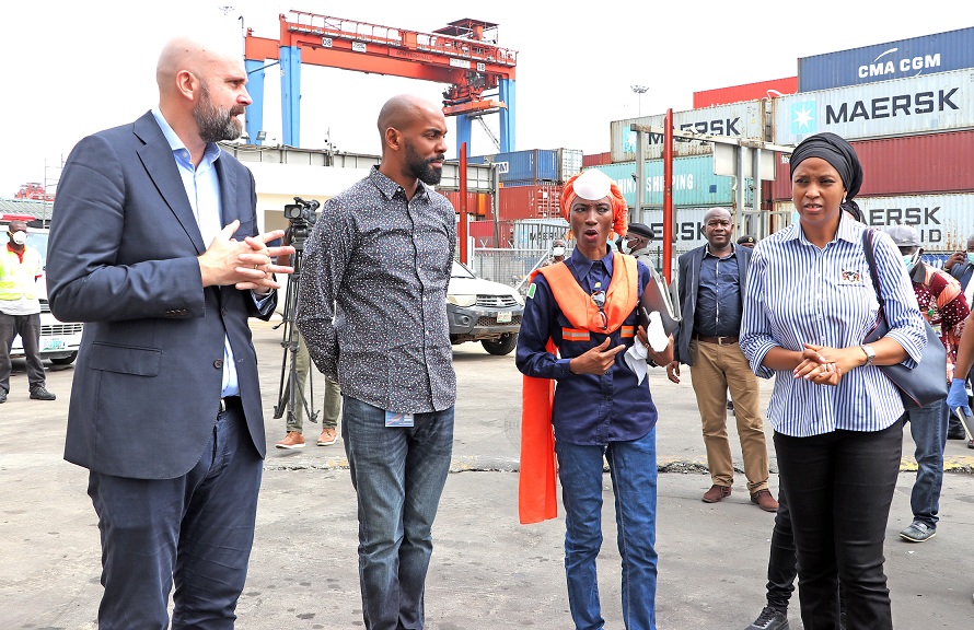 L-R: The Managing Director, Nigerian Ports Authority (NPA), HadizaBala Usman, the Executive Vice Chairman, ENL Consortium, Princess (Dr.) Vicky Haastrup, the Executive Director, Marine & Operations, NPA, Onari Brown during the inspection of the ENL Consortium Terminal in Apapa.